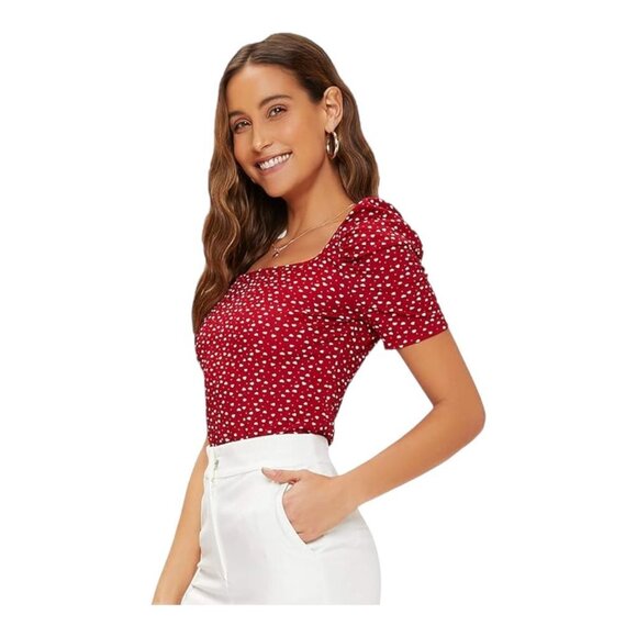 New SheIn Women's Puff Sleeve Allover Heart Print Tee‎ Shirt Top - Size Small - Picture 1 of 6